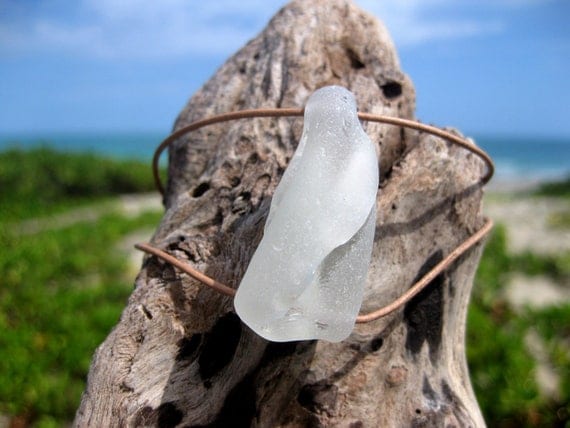 Hawaiian Unique & RARE Large Clear Bonfire Beach Glass, Naturally Folded, on India Leather Cord Bracelet