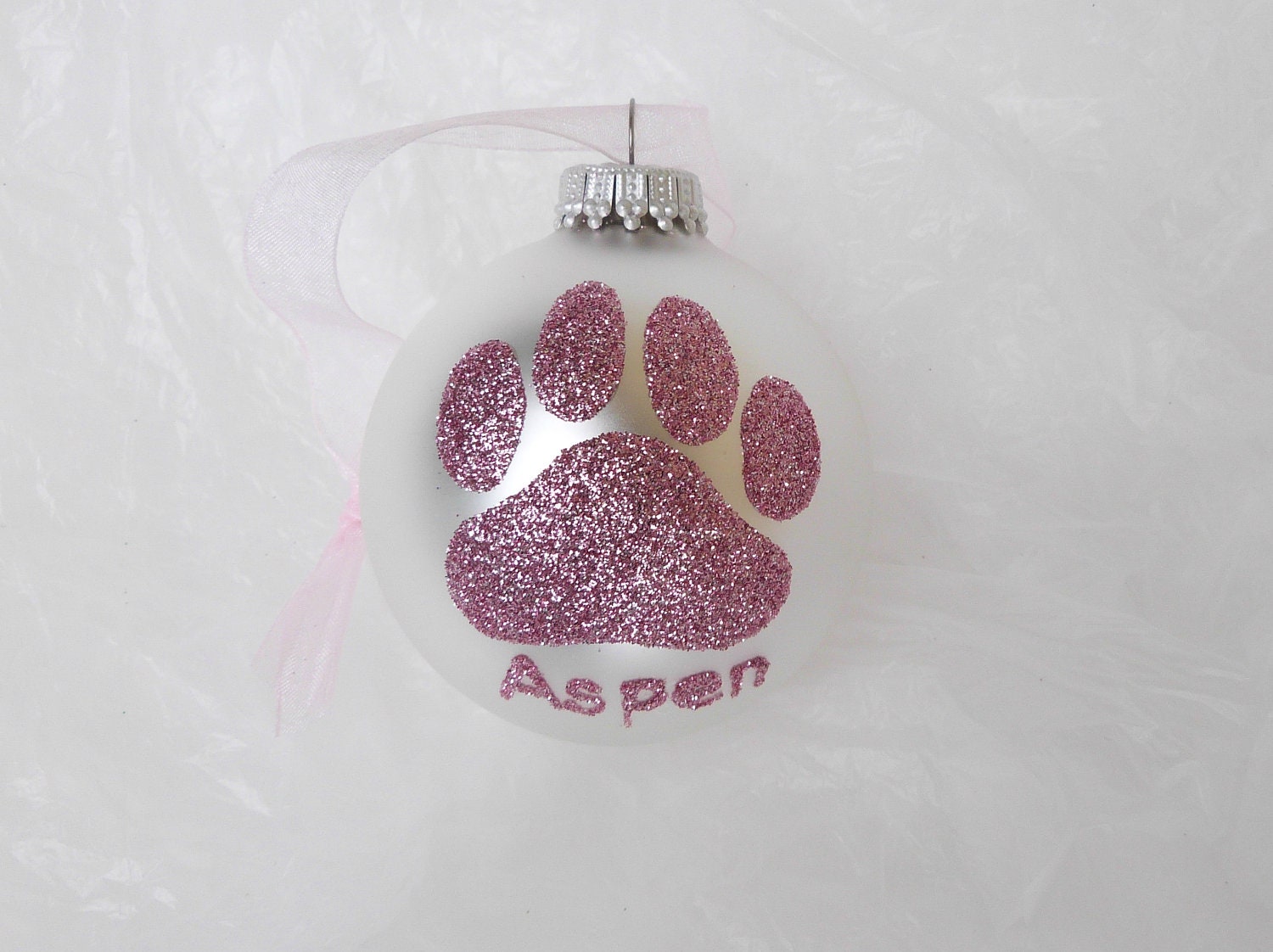 Pink Dog Paw Print Glitter Ornament - Personalized Pet Doggie Glass Ball Ornament - Silver and Pink Ornament
