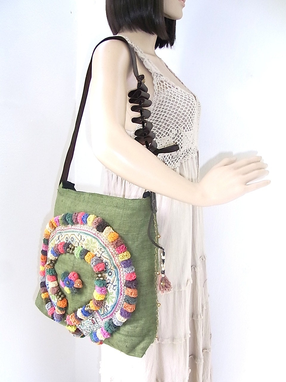 HEMP Handbag Hand Woven Vintage HMONG Fabric Adjustable Strap Thailand (BG027M.804)