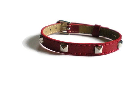 Red Genuine Leather Bracelet -   Silver Pyramid Studs - 8mm Red Leather Strap -  AdjustableLayering bracelet