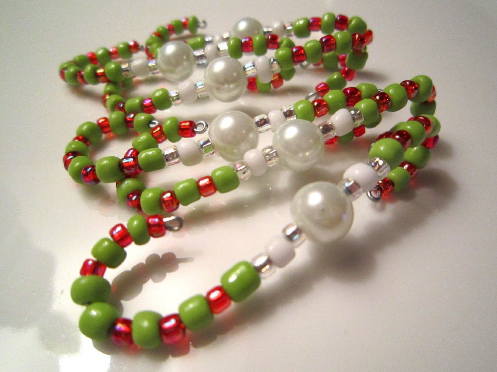 6 Beaded Ornament Hangers - Seuss Style Candy Cane Lime Green & Red with White Pearls