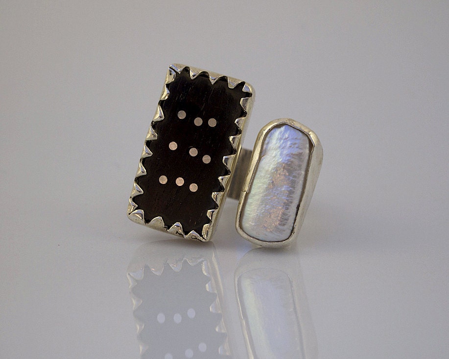 Earthy Pearl Wood and Silver Ring - Black and  White - Ying  Yang - Sterling Silver