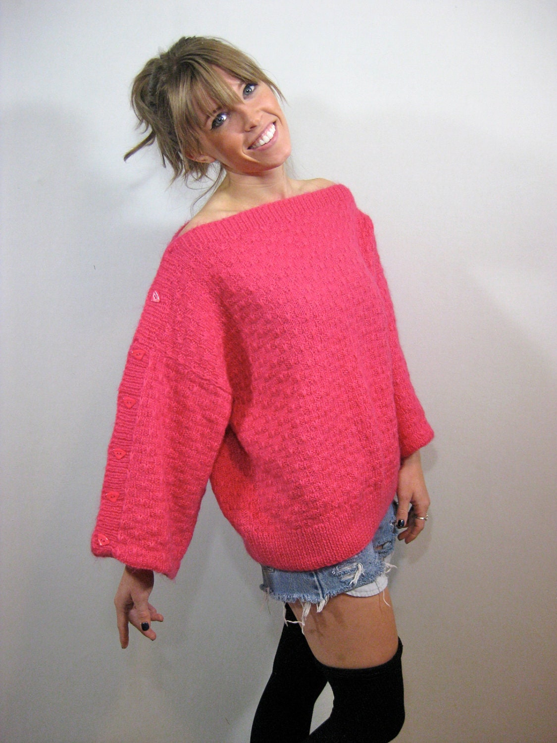 vintage DOLMAN sleeve SWEATER, button shoulder top, medium large