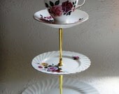 3 tier Vintage Cake Stand High Tea Tiered Plates Pink red roses Royal Vale Foley