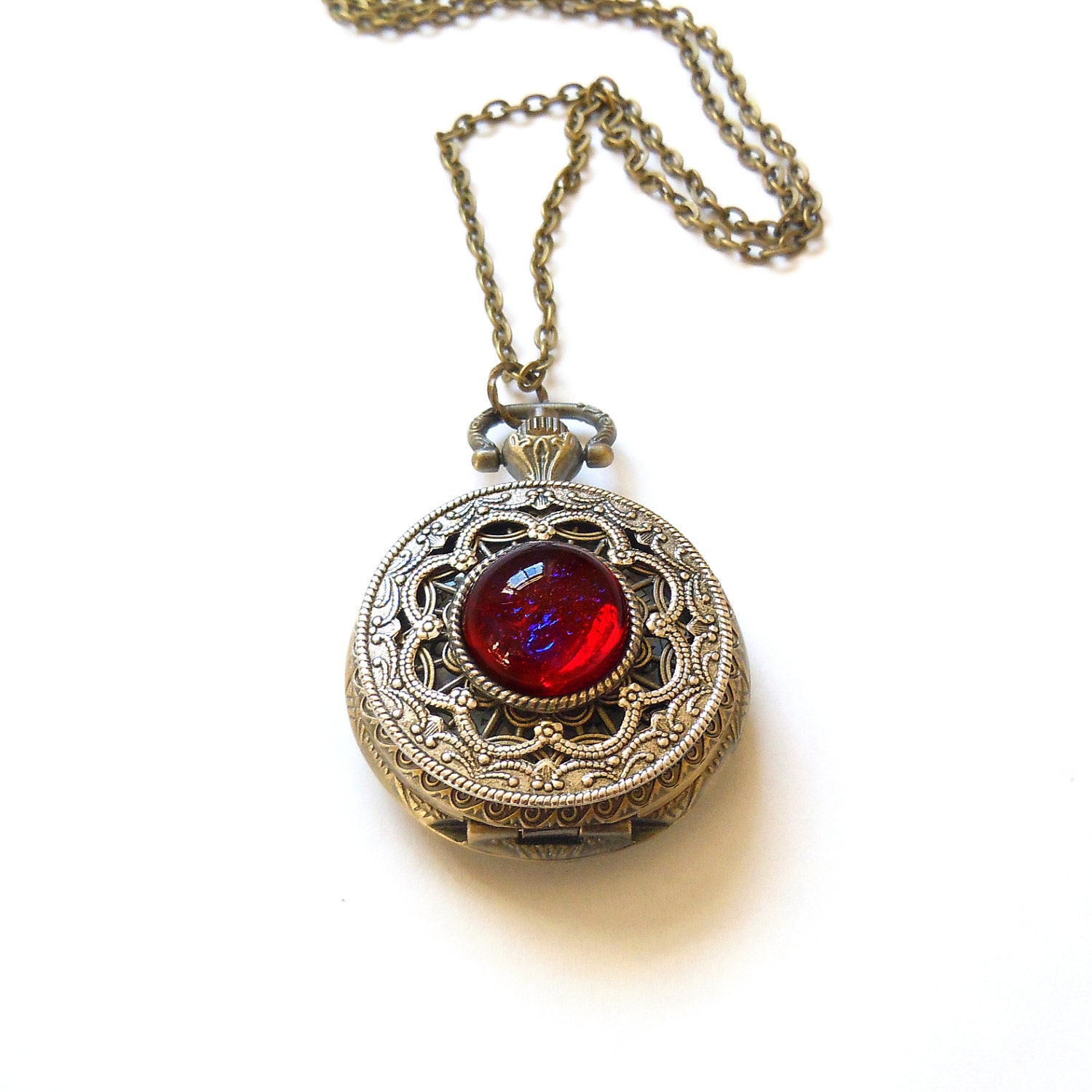 Dragon Breath Fire Opal Pocket watch Locket style necklace--Mother's Day Gift