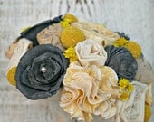 Handmade Yellow & Grey Alternative Wedding Bouquet - Hand Dyed Gray Sola Wood Rose, Yellow Wildflowers, Fabric Flowers, Script Parchment