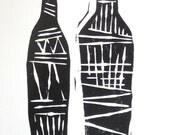 SALE Tribal Wine Bottles Kitchen Art Block Print 4 x 6 Home Decor / Black, Turquoise, Mint Green, Lt. Blue, Navy / Hand Pulled Linocut