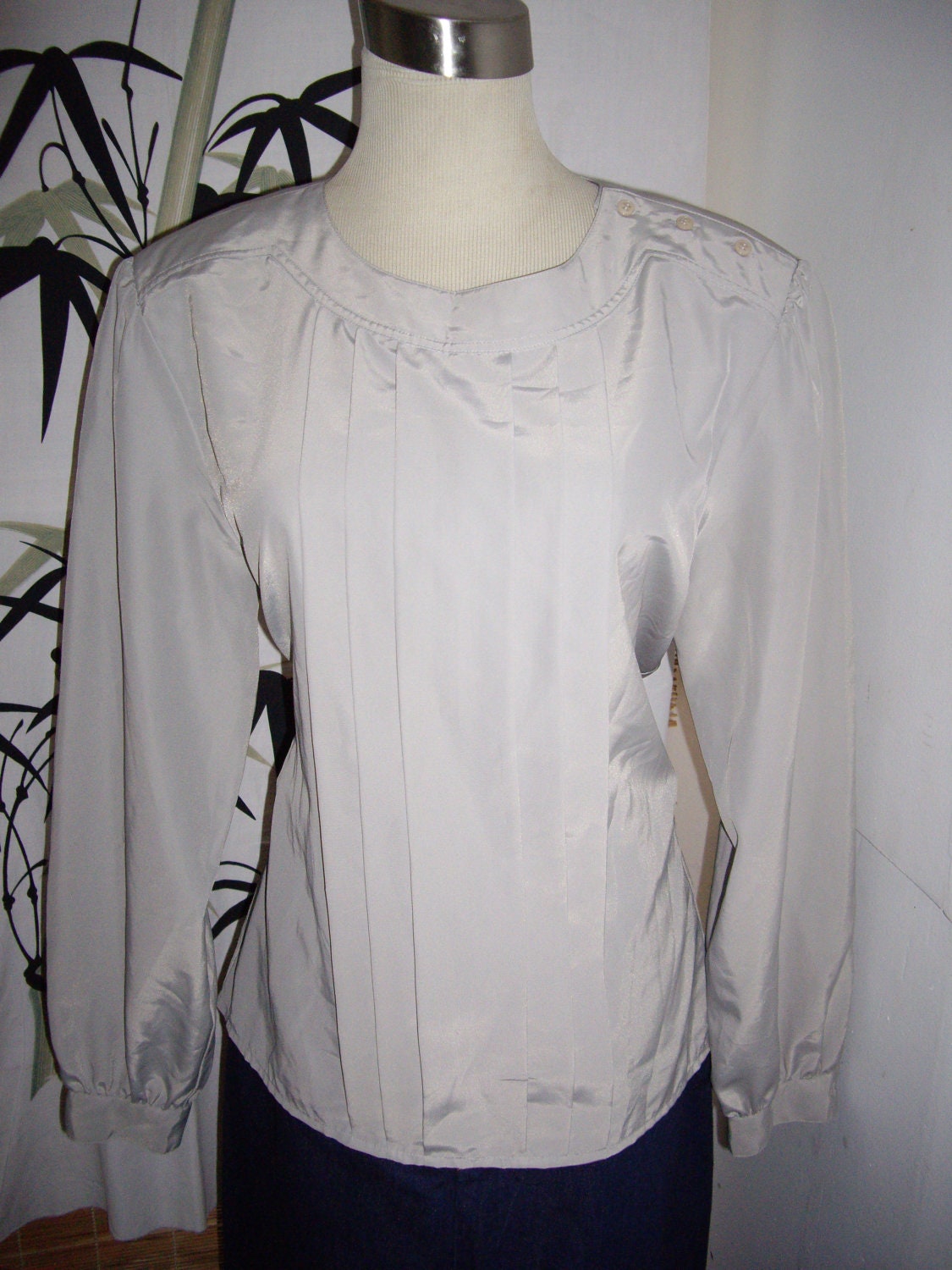 vtge 70s grey boat neck romantic secretary blouse  womens 12