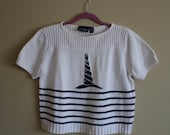 Vintage White Knit Lighthouse Breton Stripe Crop Sweater Top Sz. S/M/L