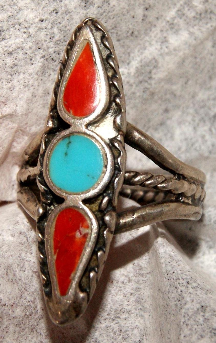 TRADIONAL OLD ZUNI Ring Sterling Silver Turquoise Coral Size 6 c1960