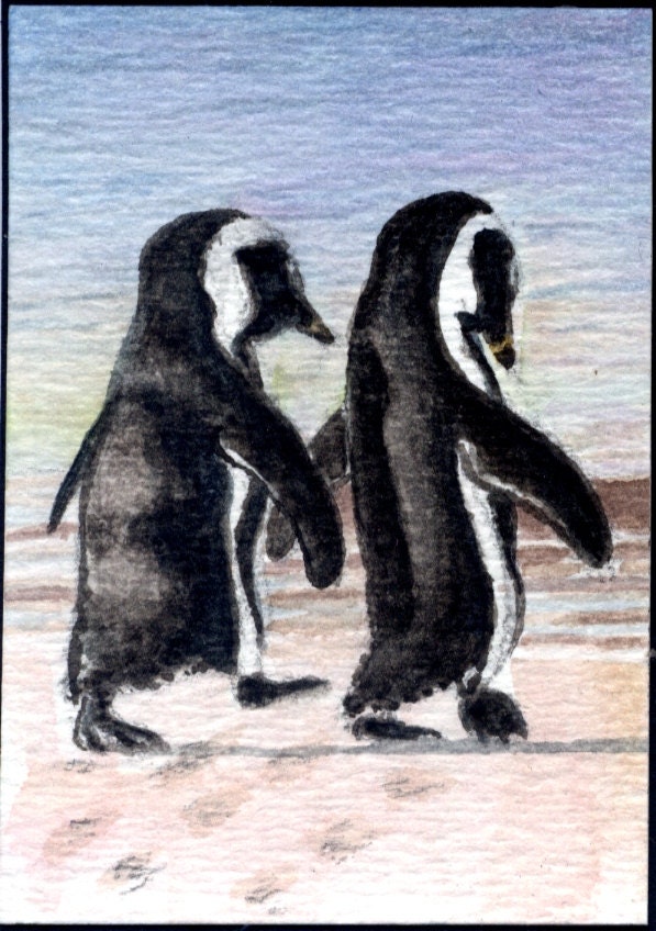 ACEO, penguin painting original watercolor, 2.5x3.5, arctic animals earthspalette