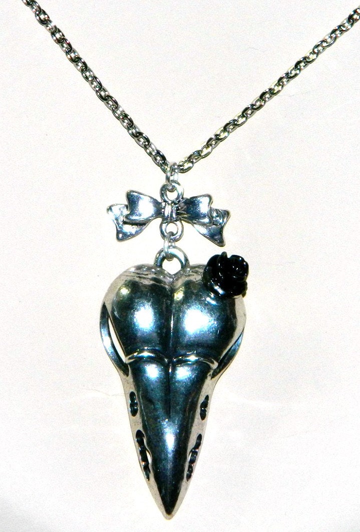 Goth Necklace Bird Skull, Black Rose, Bow, Silver