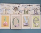 LOVE Wall Art - Unique Alphabet Illustrations on Wooden Plaques Hang on Vintage Knob Board