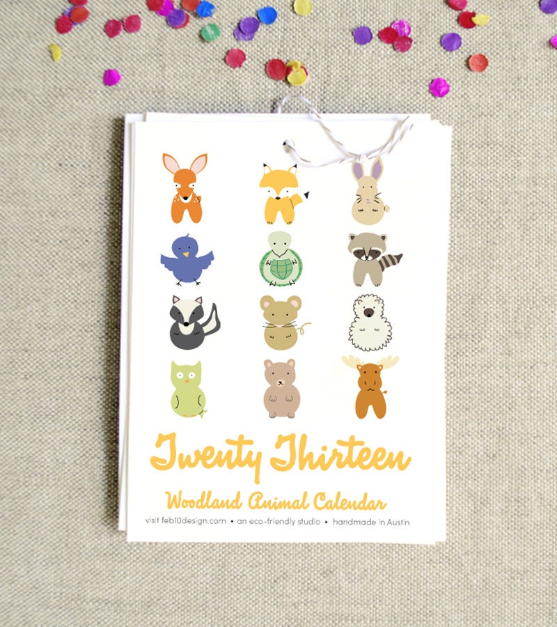2013 Woodland Animals 5x7 Wall Calendar kids nursery eco-friendly gifts under 15