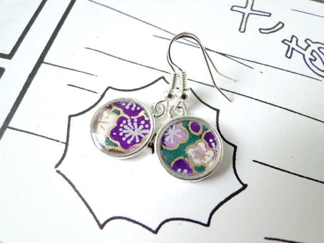 Cherry Blossom Earrings, Resin Jewelry, Japanese Yuzen Chiyogami Washi, Origami paper, Silver Plated, Gift under 15