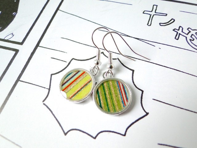 Striped Earrings, Green dangles, Resin Jewelry, Japanese Yuzen Chiyogami Washi, Origami paper, Silver Plated, Gift under 15