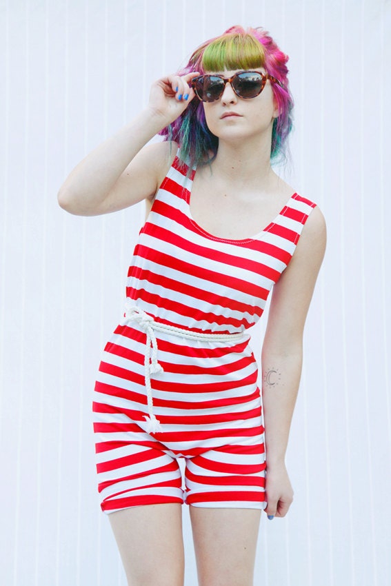 Adult Onesie Romper - Naval Stripe - Custom Made Onesie - 1950s Pin Up - 1920s Seaside Romper