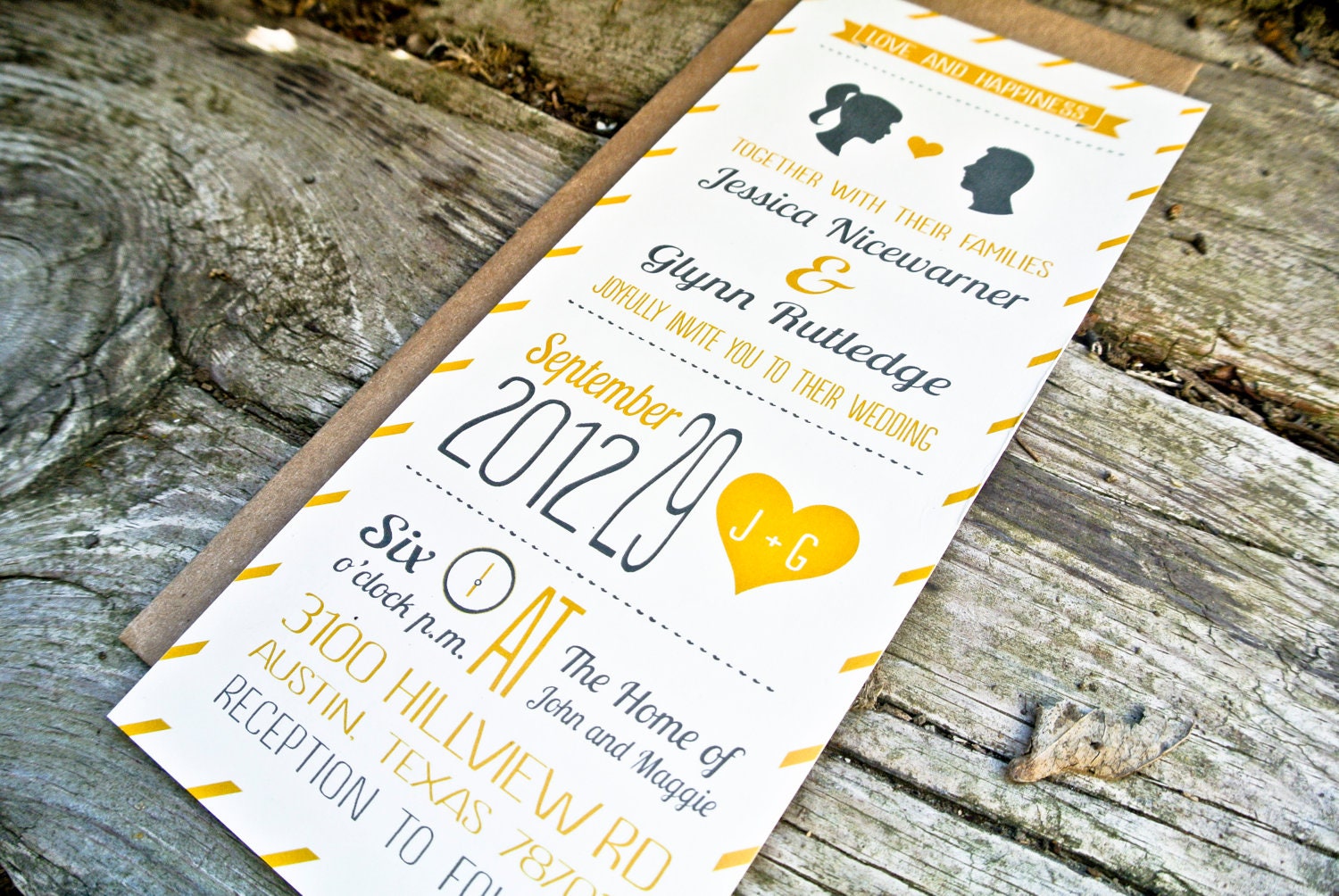 Modern Heart and Stripes Wedding Invitation: Yellow and Gray Silhouette