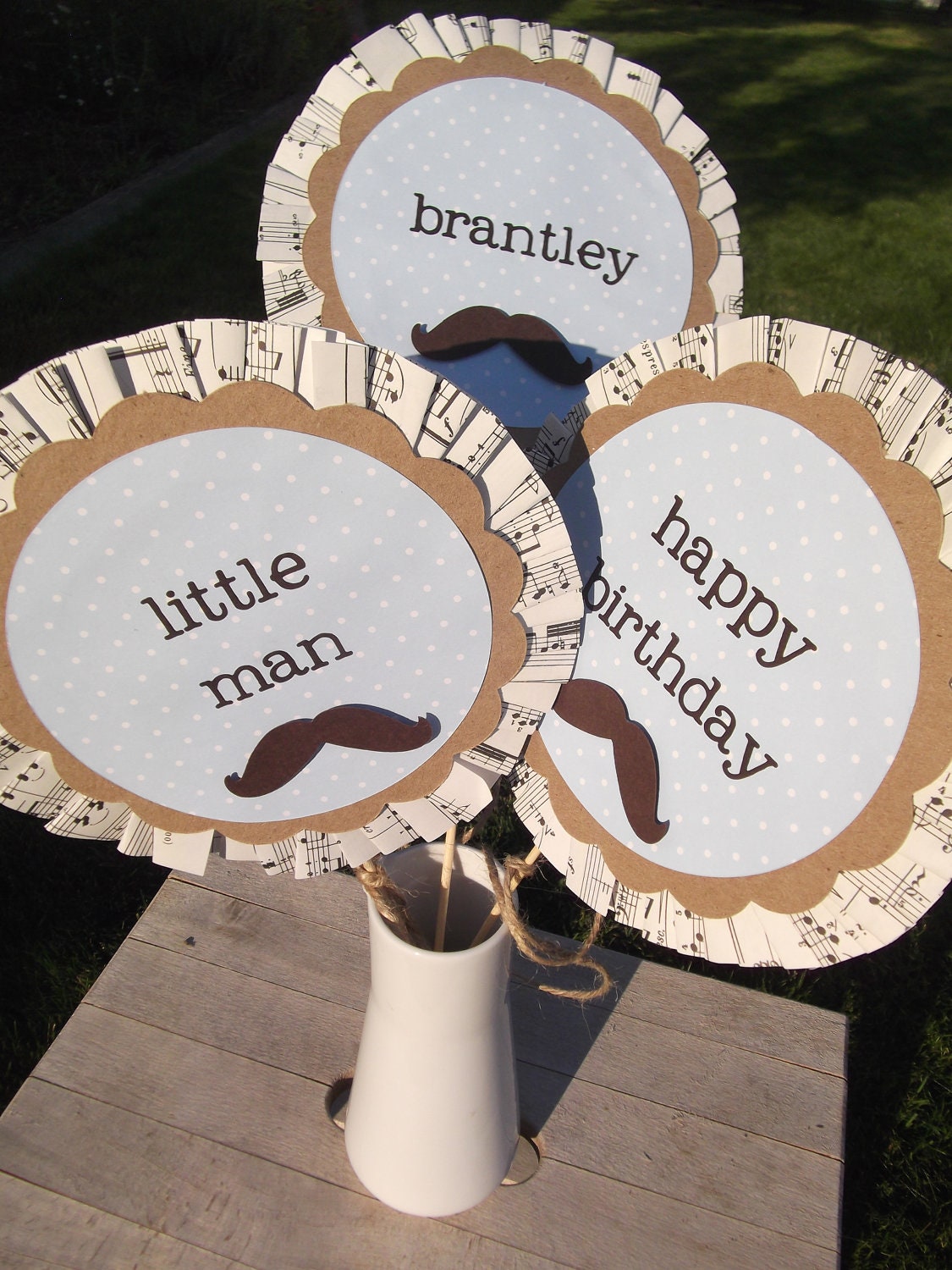 Personalized Mustache Party Birthday Centerpiece Arrangement - Vintage Music Style - Set of 3