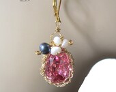 Wire crochet  14K Gold filled  earrings,Rose Pink Swarovski cluster earrings,Freshwater pearl cluster earrings, Bridal Earrings
