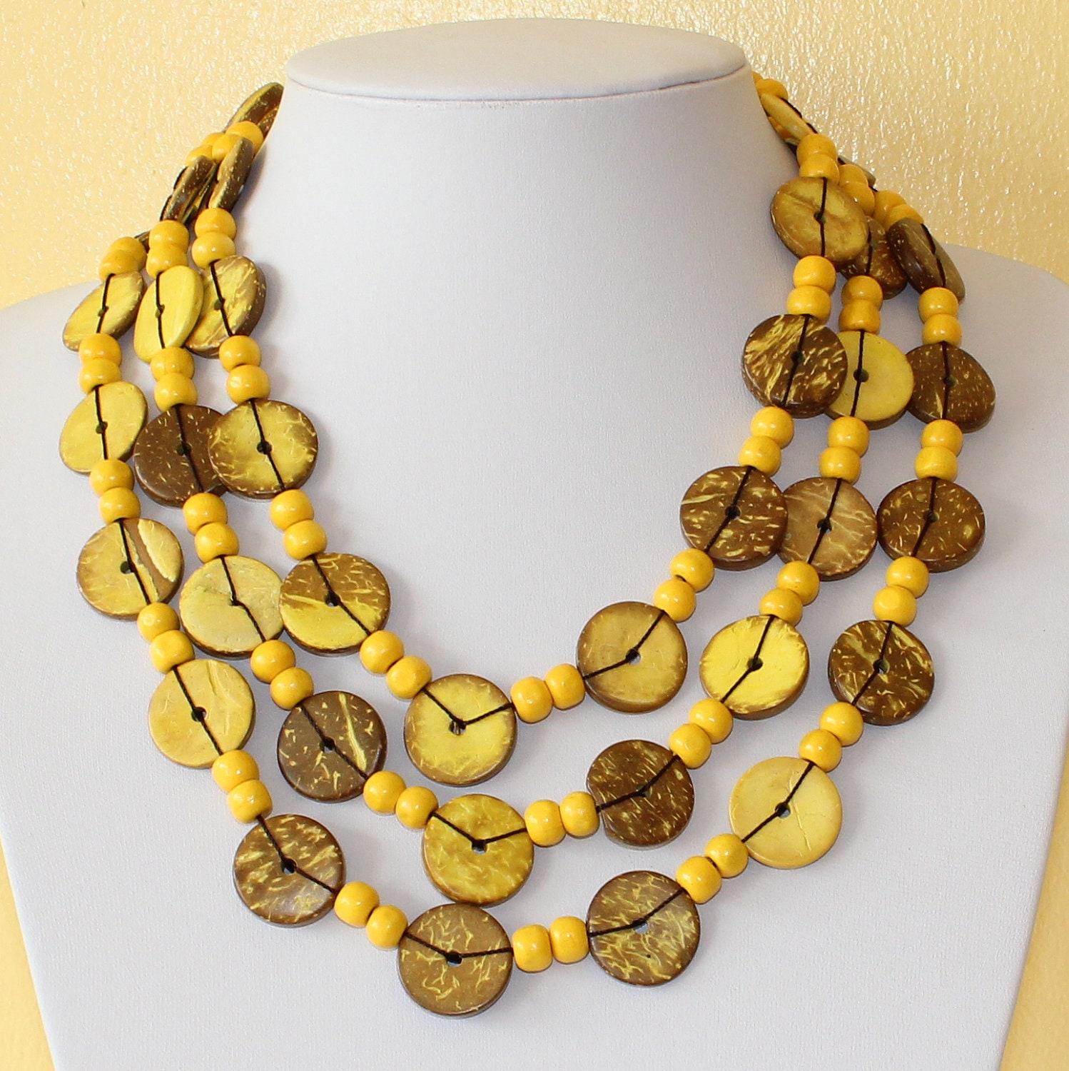 Ethnic Coconut Shell Necklace. Handmade. Extra Long Length Lariat. Colorful Coco Wood Beads. Yellow Color Necklace.  MapenziGems CN05