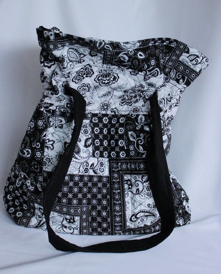 Diaper Bag Black and White Quilted Cotton with Inside Pockets