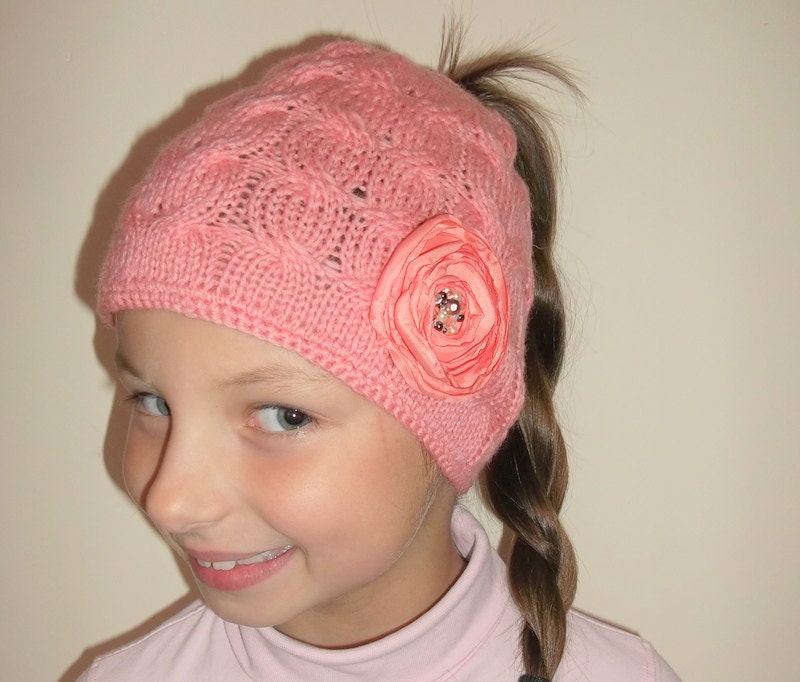 Pink Hat with Fabric Flower, Knitwork, Handmade, for 4-6 years girls, Accessory, Birthday, Christmas Gift, Clothing, Wool, Free Shipping