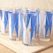 Vintage Mid Century Glassware Set w/ Blue, White & Gold Atomic Geometric Pattern, gold leaf rims (set of 6)