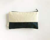 Canvas Navy and unbleached Cotton White, cosmetic pouch, flower print cotton lining, zipper bag, small