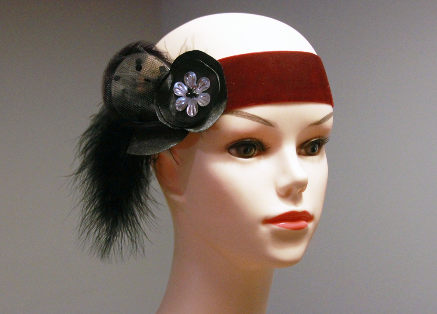 Black Silver Flower Dot Netting Ostrich Feathers Dark Red Headband Flapper Girl Hairpiece Head Band 20s 1920's Inspired - Art Deco