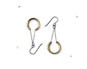 Dangle Earrings, Black & Gold Circle Drops / oxidized sterling silver, brass / simple everyday minimalist geometric jewelry / modern deco