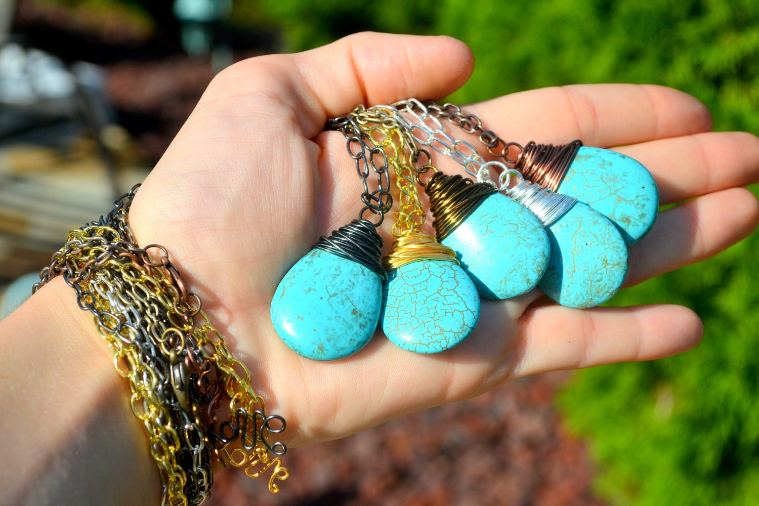 Turquoise teardrop pendant necklace - Copper . Silver. Gun metal. Brass. Gold.  Handmade Long layering wire wrapped necklace