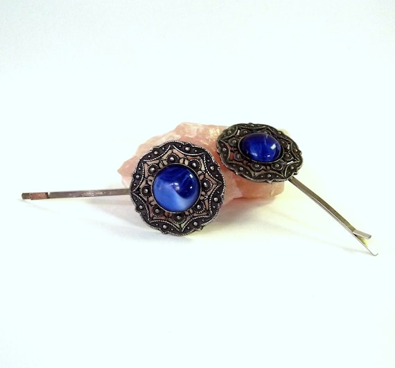 Filigree Bobby Pin Set, Blue Stone, Repurposed Vintage Earrings, Hair Jewelry, Unique Gift