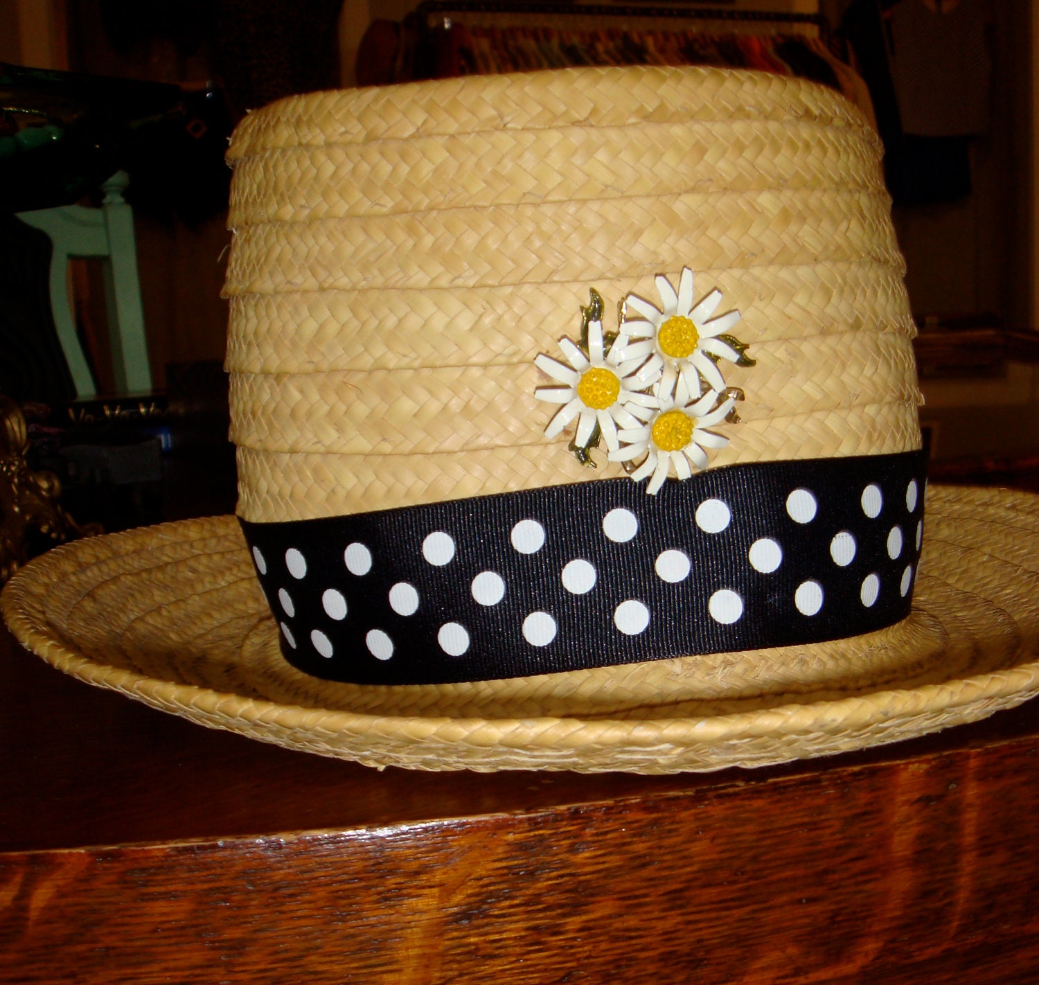 Vintage Straw Hat with Polka Dot Ribbon (Flower Brooch not included)