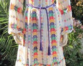 70s Victor Bijou peasant boho maxi dress colourful embroidery and fringing Vintage Bust 36