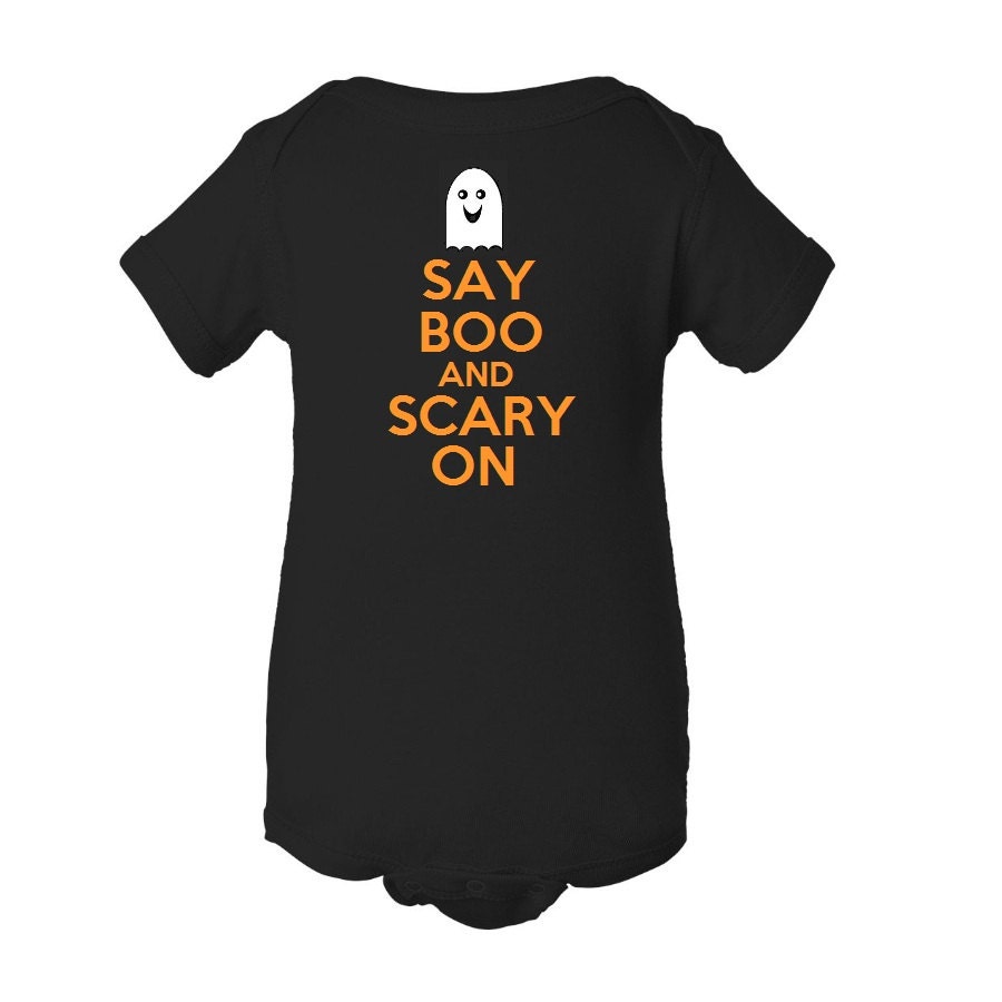 Say Boo and Scary On Halloween Infant Onezie Bodysuit Cute Funny Baby Boy / Girl / Unisex - Black, White and Orange