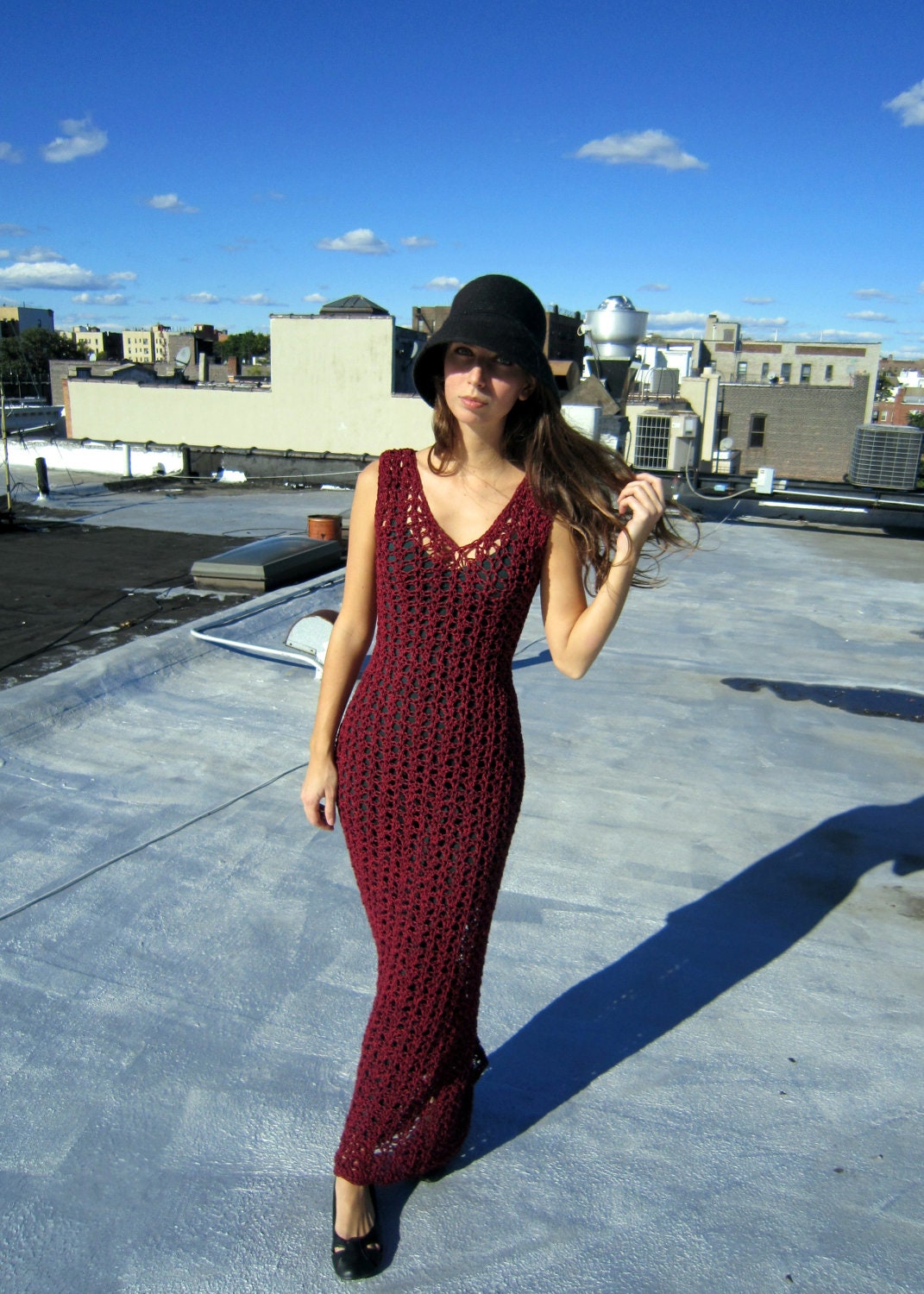 crochet dress, long maxi crochet dress, oxblood red,  burgundy vintage boho style