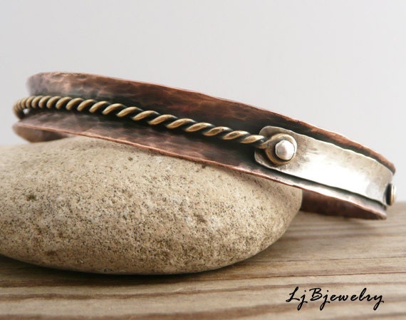 Bangle, Concave Bangle, Anticlastic Bangle, Mixed Metal Bracelet, Copper, Silver, Brass, Cold Connections, Earthy Organic Style