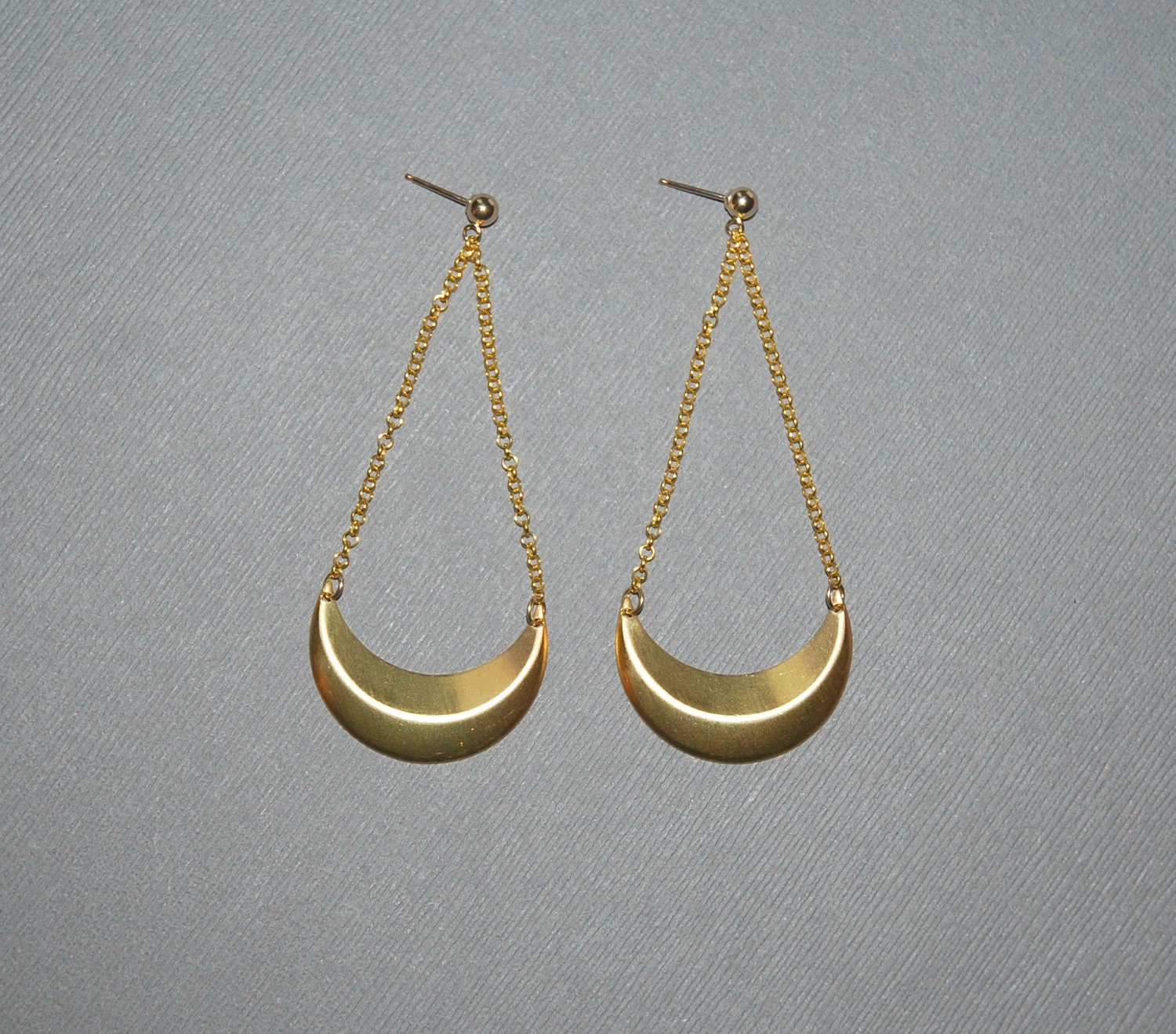 Gold crescent earrings - gold filled ball studs - long chains - brass crescent - pendulum - modern elegant jewelry - tryst