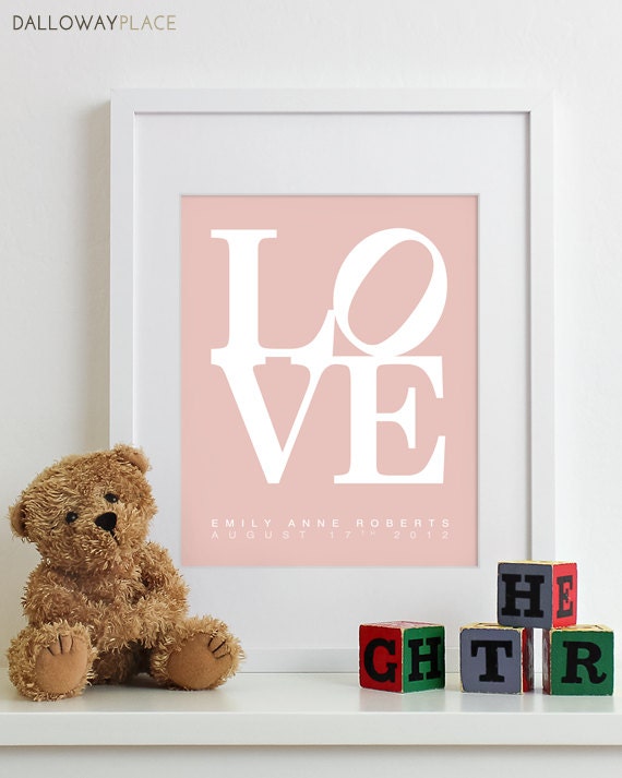 Kids Wall Art Nursery Print LOVE Poster - personalized shower gift baby birth announcement boys name girls childrens 8x10