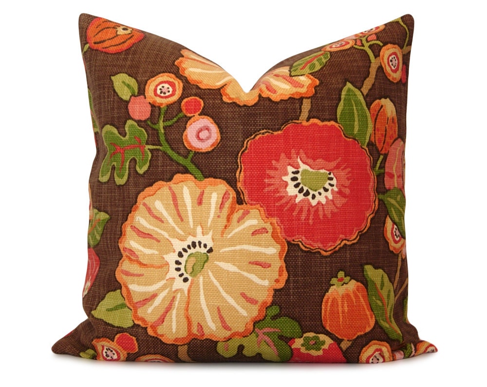 Floral Pillow Cover - P Kaufmann Hip Chocolate in Brown, Coral, Orange, Green, Pink - Throw Pillow - Accent Pillow