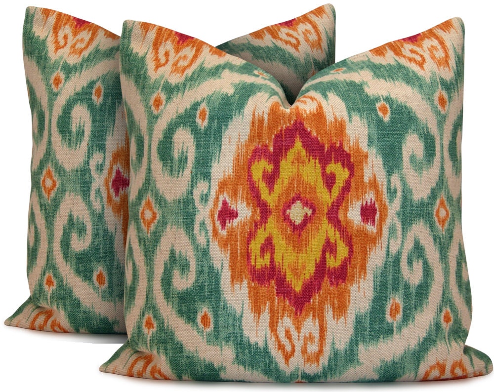 Pair of Iman Ikat Pillow Cover in Turquoise, Orange, Fuchsia - Decorative Pillow - Throw Pillow - 8x18 20x20 22x22 or Lumbar