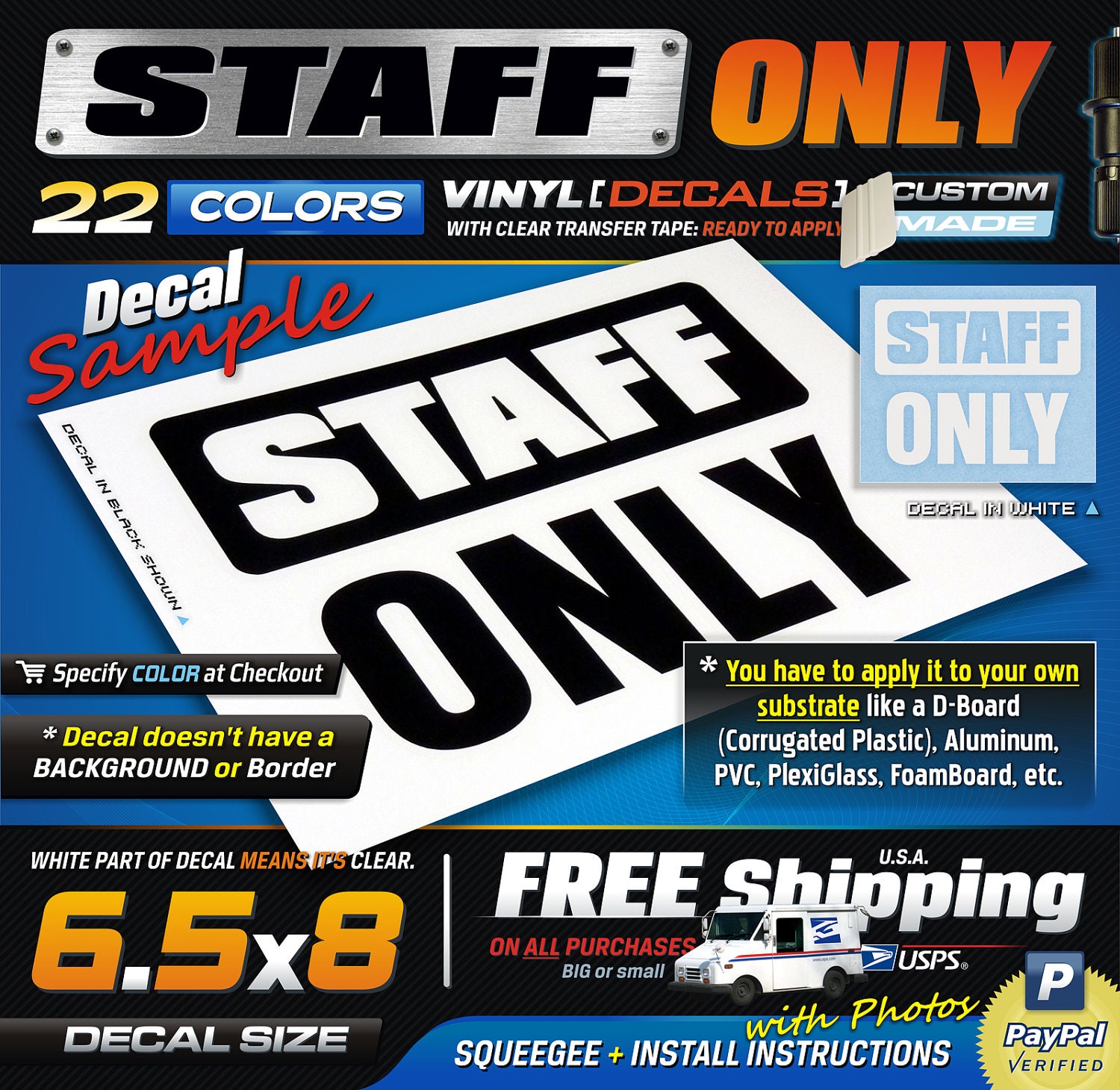 6.5x8 (1) STAFF ONLY Sign for Door ( MEDIUM ) 1 Color Vinyl Decal