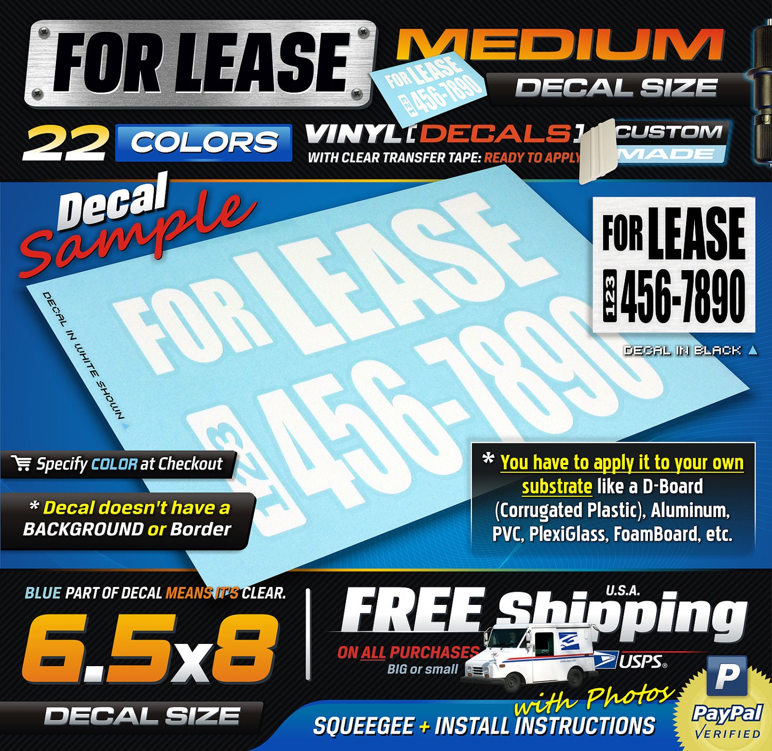 6.5x8 (1) FOR LEASE Sign for Business or Building (MEDIUM) 1 Color Vinyl Decal
