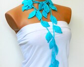 Handmade Crochet ivy, aqua turquoise ivy leafs Lariat Scarf. Fashion Flower Scarves, Necklace...