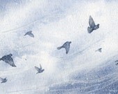 Original painting - Winter watercolor - Birds - Blue gray sky