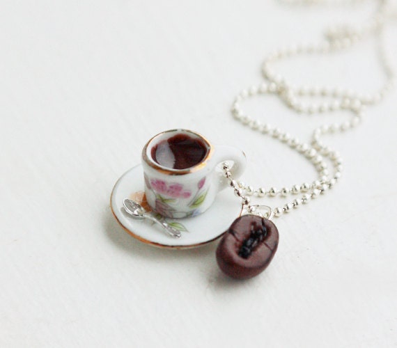 Coffee and Roasted Coffee Bean Charm Necklace, Pendant Necklace, Whimsical Jewelry