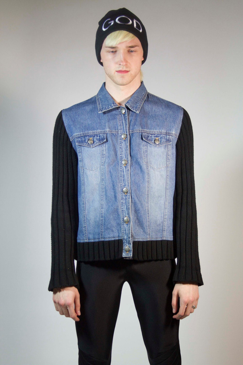 90s denim jacket with black knit sleeves Rihanna SM