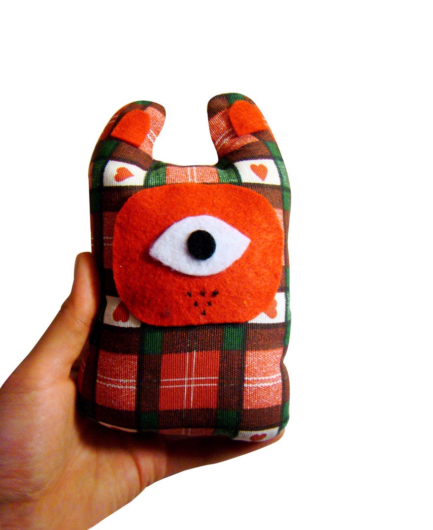 Red Monocle Plush with Hearts - Stuffed Monster Toy