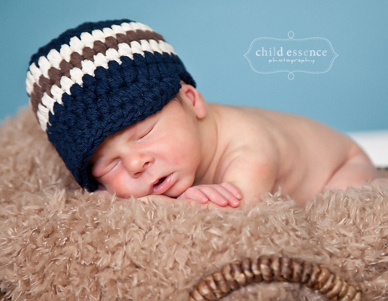Baby Boys Hat, Preemie or Newborn Baby Boy Striped Visor Beanie Baby Hat - Navy Blue, Ecru, Chocolate Brown Photography Prop Baby Hat